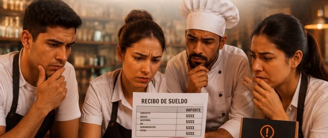 Cuatro personas de un local gastronómico, una con gorro de cocinero, miran juntas un recibo de sueldo apoyado sobre la barra.